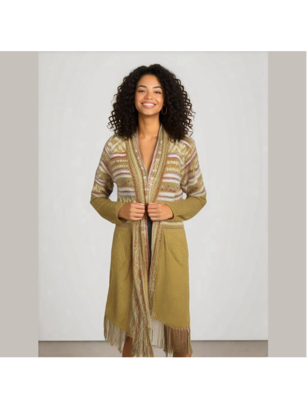 Adora Womens Mustard Fair Isle Duster Cardigan Sweater M/L